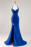 Light Blue Mermaid Halter Beaded Corset Long Prom Dress with Slit
