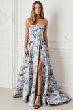 Blue Flower Printed Strapless A Line Long Prom Dress with Slit