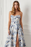 Blue Flower Printed Strapless A Line Long Prom Dress with Slit