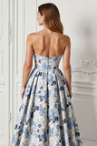 Blue Flower Printed Strapless A Line Long Prom Dress with Slit