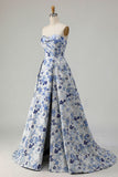 Blue Flower Printed Strapless A Line Long Prom Dress with Slit