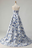 Blue Flower Strapless A Line Printed Long Prom Dress with Slit