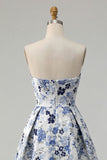 Blue Flower Printed Strapless A Line Long Prom Dress with Slit
