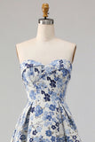 Blue Flower Printed Strapless A Line Long Prom Dress with Slit
