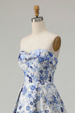 Blue Flower Printed Strapless A Line Long Prom Dress with Slit