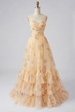 Yellow Floral A Line Tiered Ruffle Long Prom Dress