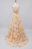 Yellow Floral A Line Pleated Printed Long Prom Dress with Ruffles