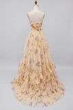 Yellow Floral A Line Tiered Ruffle Long Prom Dress