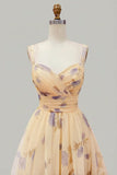 Yellow Floral A Line Pleated Printed Long Prom Dress with Ruffles