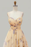 Yellow Floral A Line Tiered Ruffle Long Prom Dress