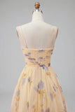 Yellow Floral A Line Pleated Printed Long Prom Dress with Ruffles