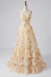 Yellow Floral A Line Tiered Ruffle Long Prom Dress