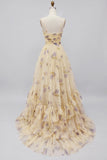 Yellow Floral A Line Tiered Ruffle Long Prom Dress