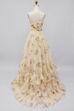 Yellow Floral A Line Pleated Printed Long Prom Dress with Ruffles