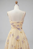 Yellow Floral A Line Tiered Ruffle Long Prom Dress