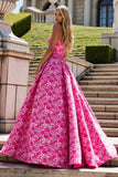 Strapless A Line Fuchsia Printed Long Prom Dress with Bow