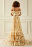 Off the Shoulder A Line Tulle Yellow Floral Long Prom Dress with Ruffles