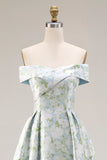 Off The Shoulder Blue White Flower A-Line Printed Satin Long Prom Dress with Slit