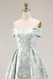 Off The Shoulder Blue White Flower A-Line Printed Satin Long Prom Dress with Slit