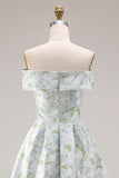 Off The Shoulder Blue White Flower A-Line Printed Satin Long Prom Dress with Slit