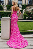 Sweetheart Fuchsia Floral Mermaid Corset Long Prom Dress with Slit