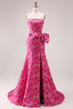 Strapless Fuchsia Floral Mermaid Side Slit Long Prom Dress with Bow