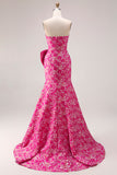 Fuchsia Floral Strapless Mermaid Long Prom Dress with Slit