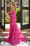 Fuchsia Floral Strapless Mermaid Long Prom Dress with Slit