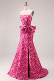 Strapless Fuchsia Floral Mermaid Side Slit Long Prom Dress with Bow