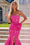 Fuchsia Floral Strapless Mermaid Long Prom Dress with Slit