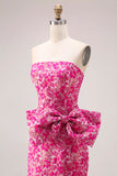 Strapless Fuchsia Floral Mermaid Side Slit Long Prom Dress with Bow