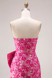 Strapless Fuchsia Floral Mermaid Side Slit Long Prom Dress with Bow
