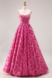 Fuchsia Flower Strapless Jacquard Corset A-Line Long Prom Dress
