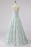Strapless A Line Blue White Flower Long Prom Dress