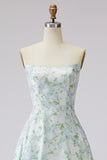 Strapless A Line Blue White Flower Long Prom Dress