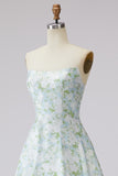 Strapless A Line Blue White Flower Long Prom Dress
