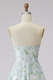 Strapless A Line Blue White Flower Long Prom Dress
