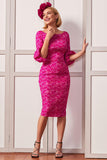 Fuchsia Flower Sheath Round Neck Mother of the Bride Dress with Sleeves
