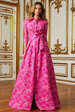 Fuchsia Flower A Line Shirt Collar Long Mother of the Bride Dress with Waist Tie
