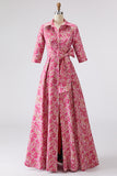 Fuchsia Flower A Line Shirt Collar Long Mother of the Bride Dress with Waist Tie