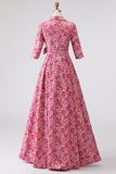 Fuchsia Flower A Line Shirt Collar Long Mother of the Bride Dress with Waist Tie