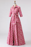 Fuchsia Flower A Line Shirt Collar Long Mother of the Bride Dress with Waist Tie