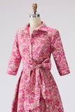 Fuchsia Flower A Line Shirt Collar Long Mother of the Bride Dress with Waist Tie