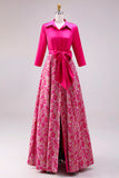 Fuchsia A Line Satin Floral Long Mother of the Bride Dress with Sleeves