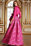 Fuchsia A Line Satin Floral Long Mother of the Bride Dress with Sleeves