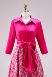 Fuchsia A Line Satin Floral Long Mother of the Bride Dress with Sleeves