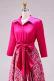 Fuchsia A Line Satin Floral Long Mother of the Bride Dress with Sleeves