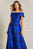 Royal Blue Off the Shoulder Printed A Line Mother of the Bride Dress