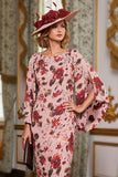 Dusty Rose Floral Sheath Printed Mother of the Bride Dress with Cape Sleeves