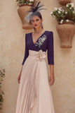 Purple V-Neck A-Line Midi Mother of the Bride Dress with 3D Flower
